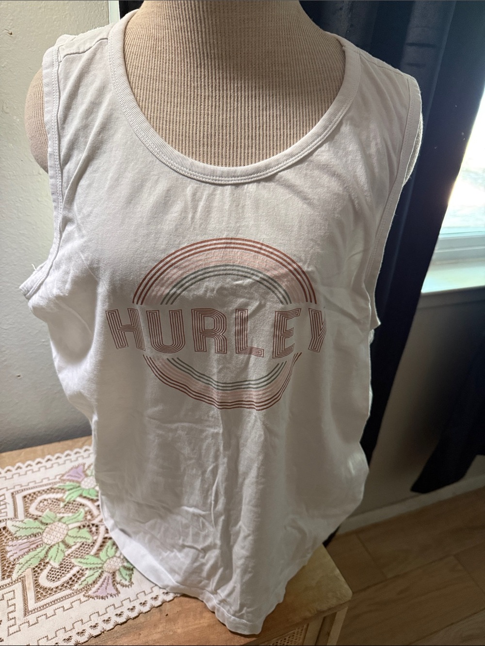 Hurley White Tank Top with Muted Pink and Light Gray Graphic